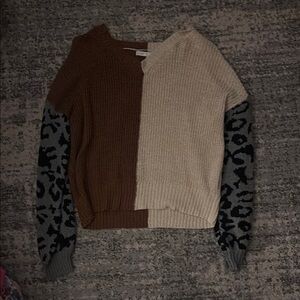 Colorblock V-Neck Sweater with Leopard Sleeves